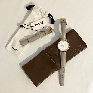 CLUSE Women's Watch Minuit Gray Leather Gold Authentic | w. Pouch + Extra Strap